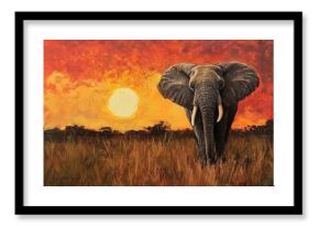 An elephant stands majestically in a field, bathed in the warm colors of a setting sun, embodying peace and the beauty of nature.