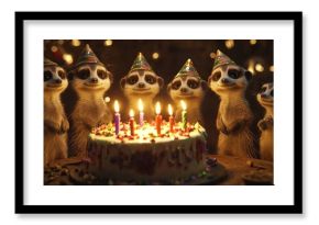A Family of Meerkats Gathered Around a Birthday Cake
