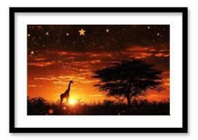 A giraffe is standing in a field of grass at sunset