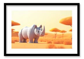 cartoon of rhinoceros in forest background, free space for text