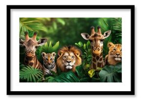 Giraffes, lion, tigers in lush jungle foliage.