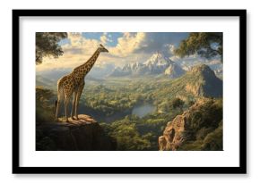 A Giraffe Standing on a Clifftop Overlooking a Lush Valley and Majestic Mountains