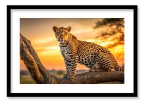 Dark brown leopard with golden fur sitting on a tree branch in the African savannah at sunset, animal, africa
