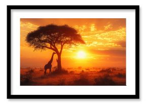 Tall beautiful giraffe walking in African savannah at sunset. Saving giraffes in the wild in savannah.