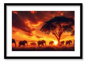 Silhouette of an Elephant Herd Walking Across the Savanna Against a Fiery African Sunset