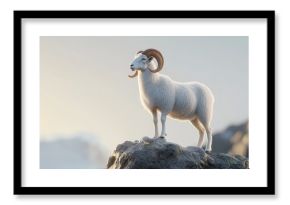 A Dall sheep ram standing tall on a sunlit rock, its pristine white coat glowing under the clear sky.