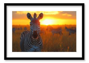 A savanna at sunset, with zebras grazing under the golden light of a setting sun