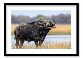 Wild buffalo stands in savanna grassland by water, trees blurred.