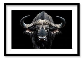 Close-up of an African buffalo with powerful horns and an intense gaze on a black background