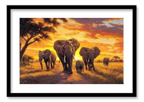 African elephant family sunset savanna walk wildlife art