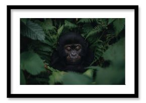 A baby gorilla is sleeping in the jungle