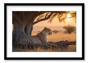 A cheetah rests under a tree during sunset in a serene savanna landscape.