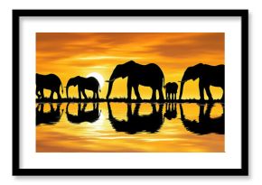 Elephant family silhouette at sunset reflecting in tranquil African water