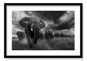 Herd of Elephants Charging Across Grassland Under Stormy Sky