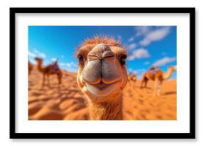 Funny close-up of smiling camel in sunny desert with blue sky and distant camel caravan, humorous wildlife portrait in Middle Eastern or African sand dunes
