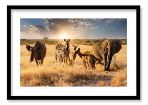 Group of Animals in African Safari Majestic Wildlife Gathering at Sunset Amidst Savannahs Golden Hues, Capturing the Exotic Spirit of the African Plains