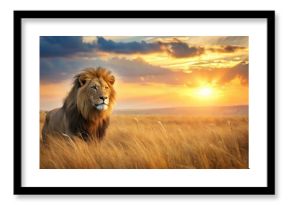 Majestic lion in savannah grasslands at sunset with golden light , wildlife, africa,  wildlife, africa