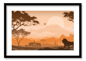 horizontal seamless background with africa nature. Landscape with Mount Kilimanjaro. All animals and trees are isolated - you can clean and move them. vector illustration 