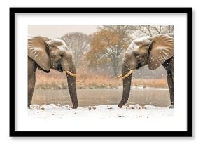 Elephants in Winter Snow.