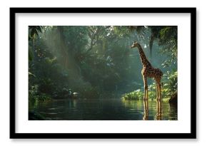 A giraffe stands in a jungle near a river
