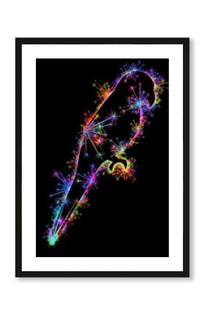 Kolorowe zimne ognie i fajerwerki układające się w kształt papugi.