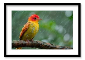 In the Amazon, Brazil, a wonderful red and orange bird sits on a tree and washes his body.