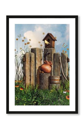 drewniany płot z domkiem dla ptaków, kwiatami i motylami