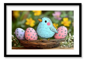 Niebieski ptak na pisankach w gnieździe z kwiatowym układem na drewnianym stole z motywem świątecznym i świętowaniem wiosny