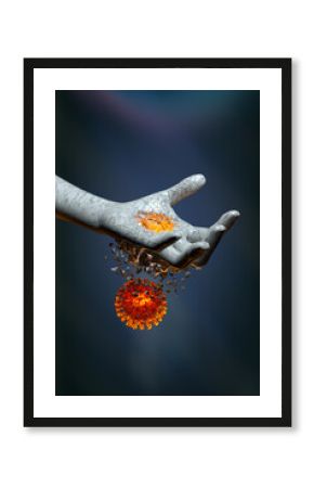 3d illustration of virus cell penetrating and destroying human hand representing medicine and health care concept design on gray background