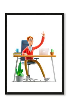 Nerd Larry sits at the table with a laptop. 3d illustration.