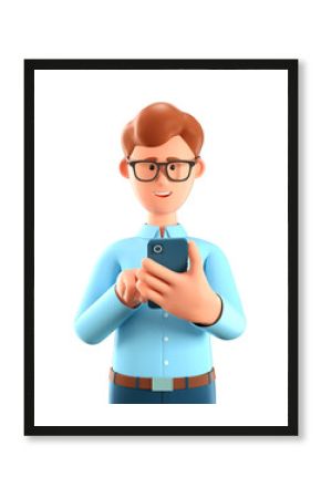 3D illustration of man looking at smartphone and chatting. Close up portrait of cartoon smiling businessman talking and typing on the phone. Communication in social networking, mobile connection.