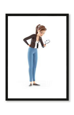 3d cartoon woman looking through magnifying glass
