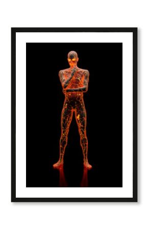 3D illustration of character made out of concrete and flowing fire energy