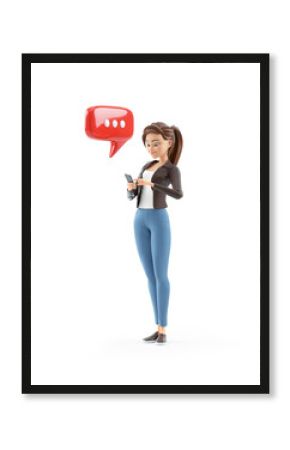3d cartoon woman texting with smartphone