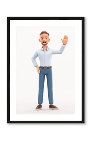 Standing smiling man showing hand at direction. Cartoon happy businessman isolated on white background, 3d rendering
