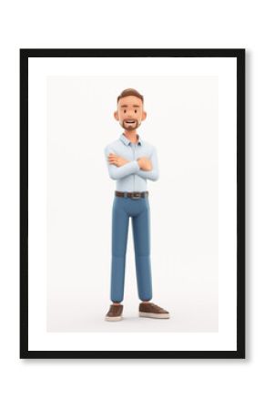 Standing smiling man with arms crossed. Cartoon happy businessman isolated on white background, 3d rendering