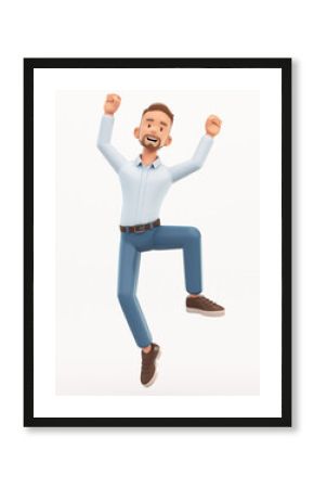 Smiling man happy jumping. Cartoon happy businessman isolated on white background, 3d rendering