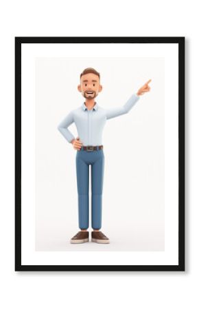 Standing smiling man pointing finger at direction. Cartoon happy businessman isolated on white background, 3d rendering