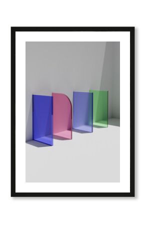 3d rendering illustration, Colorful glass sheet align on room corner