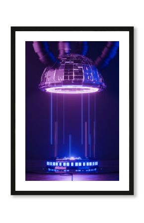 3d rendering sci-fi empty podium with blue and purple neon light for product display.