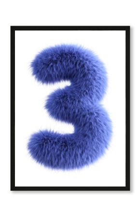 Blue 3D Fluffy Number Three. 3d render illustration isolated on transparent background