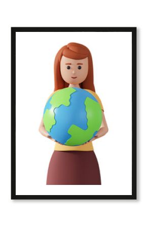 3d woman character holding earth globe in her hands front view. Environmental concept with woman holding planet earth globe 3d illustration