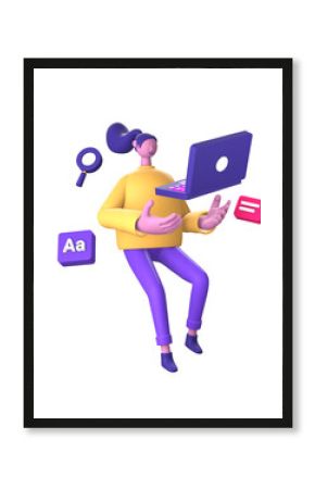 purple illustration icon of 3D character using a laptop to work for UI UX social media ads design