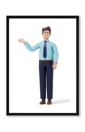 A 3D cartoon character standing and showing hand at direction. 3d rendering,conceptual image, isolated on white background.