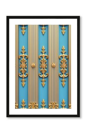 3d seamless pattern, vertical stripes with golden baroque ornament on blue background, elegant luxurious wallpaper design for wall