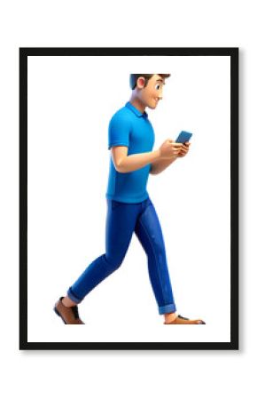 Cartoon Man Walking and Using Smartphone