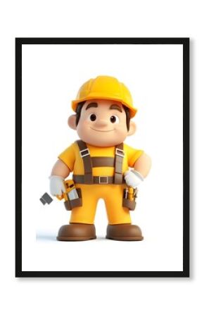 Cute 3D character of a home repair worker in safety uniform and hardhat,holding various tools and equipment,standing on an isolated white background. Cartoon-style 3D render of a handyman,technician.