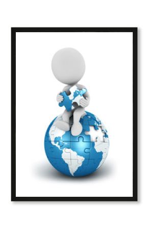 3d white people seated on blue earth puzzle