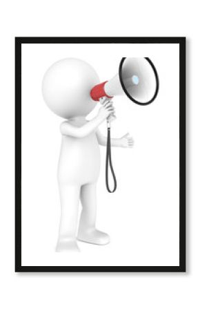 3d little human character with a white and Red Megaphone.