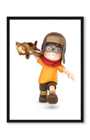 3d render of a happy kid playing with toy airplane
